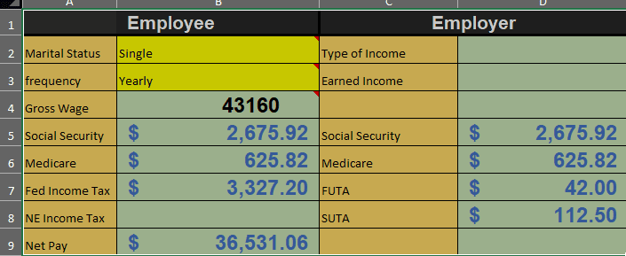 Spreadsheet displaying employee payroll information including gross wage, taxes, and net pay.