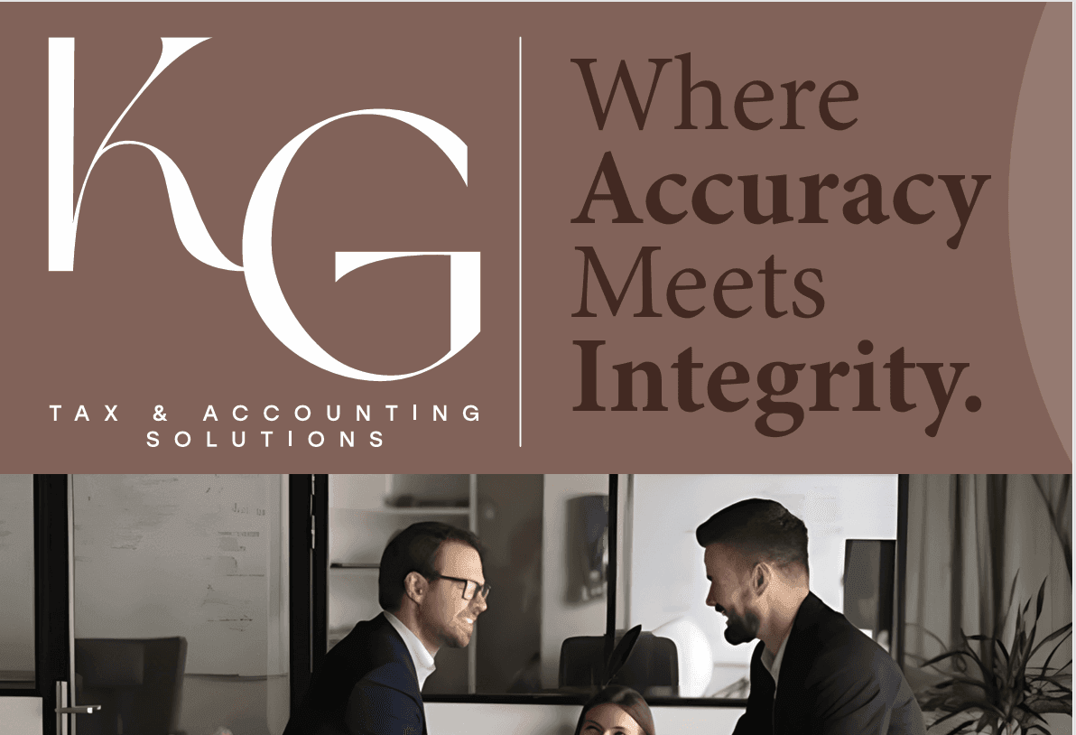KG Tax & Accounting logo with slogan 'Where Accuracy Meets Integrity' above two men shaking hands.